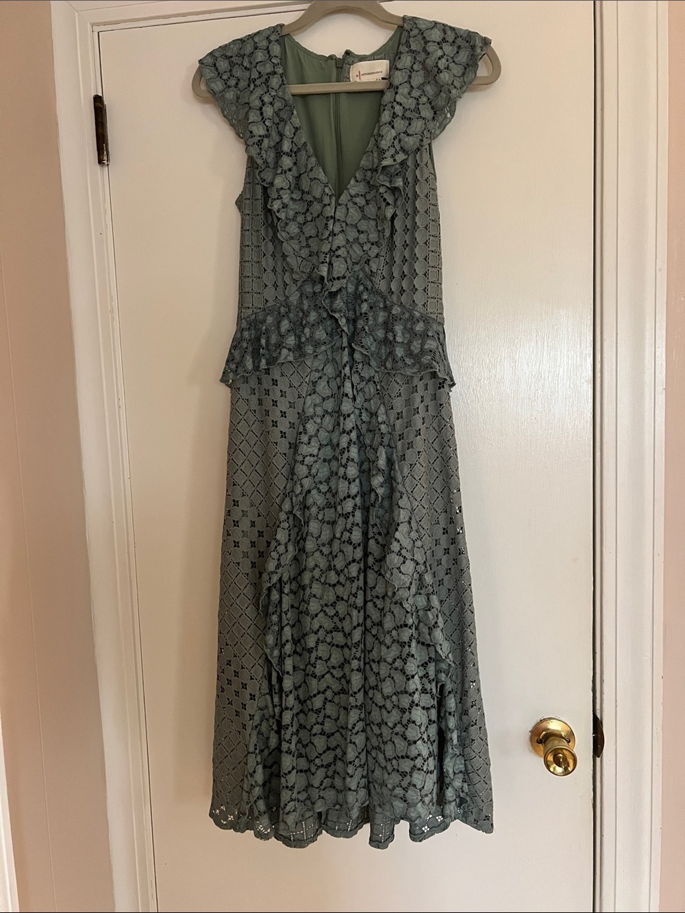 Anthropologie Green Lace Ruffle Midi Dress